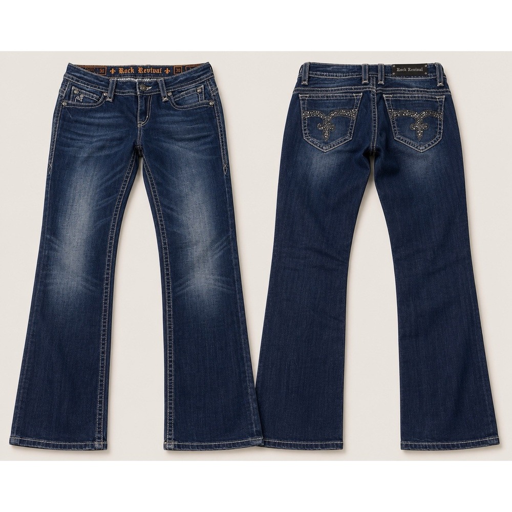 Rock Revival PAT Straight Jeans Womens 30x32.5 Low Rise Thick GOLD Stich Stretch